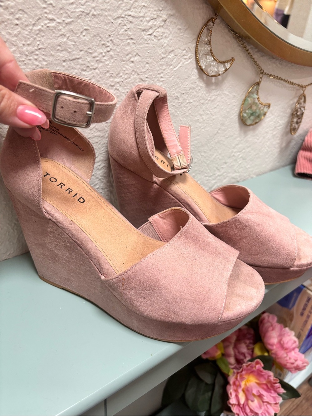 torrid Blush Pink Suede Platform Wedge Sandals with Ankle Strap